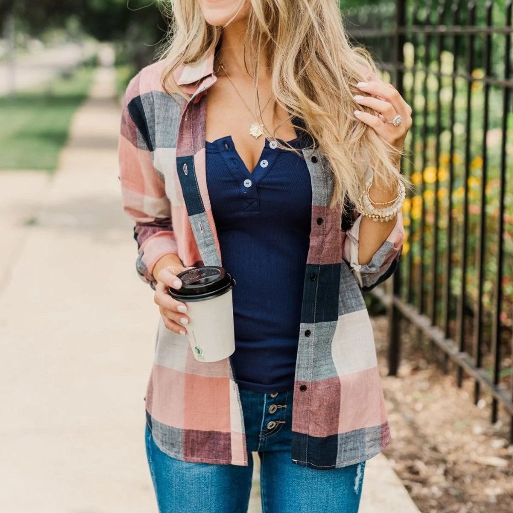 American Beauty Button Plaid Top- Mauve Pink & Navy